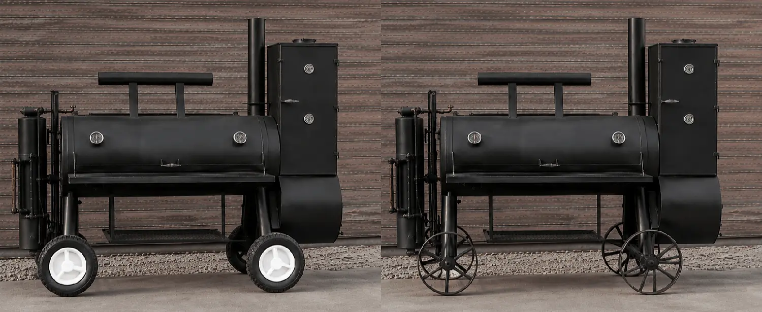 Før og efter sammenligning af hjemmebygget smoker: en stor sort metalgrill med hvide plasthjul til venstre og robuste, håndlavede stålhjul med eger til højre.